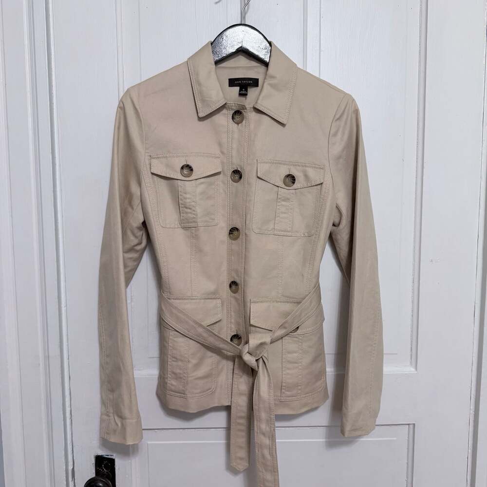 Ann Taylor Beige Linen Cotton Belted Safari Utility Jacket Size 6